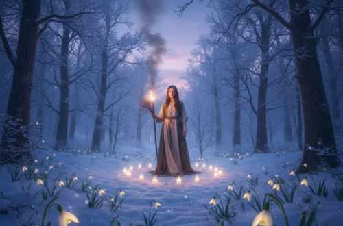 Fotorealistický magický výjev svátku Imbolc. Žena v historickém rouchu drží pochodeň uprostřed zimního lesa, obklopena kruhem hořících svíček a rozkvétajícími sněženkami v tajícím sněhu. Atmosféra naděje a konce zimy.
