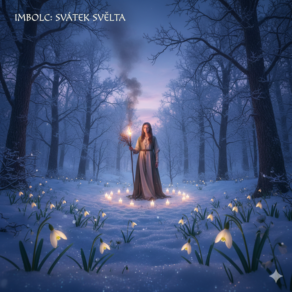 Fotorealistický magický výjev svátku Imbolc. Žena v historickém rouchu drží pochodeň uprostřed zimního lesa, obklopena kruhem hořících svíček a rozkvétajícími sněženkami v tajícím sněhu. Atmosféra naděje a konce zimy.