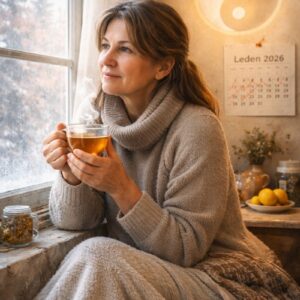 Žena po padesátce sedí u okna se šálkem teplého bylinného čaje, za ní na zdi kalendář leden 2026 a jemný symbol jin a jang. Klidná zimní atmosféra, teplo, rovnováha a naděje na lepší dny.
