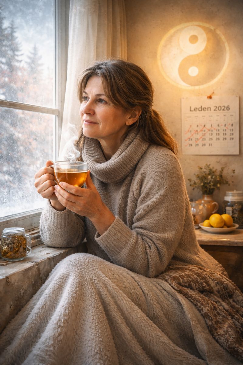 Žena po padesátce sedí u okna se šálkem teplého bylinného čaje, za ní na zdi kalendář leden 2026 a jemný symbol jin a jang. Klidná zimní atmosféra, teplo, rovnováha a naděje na lepší dny.