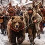 Masopustní průvod – maškary v kožichách, medvěd vedený medvědářem a tradiční masky během zimního folklorního obřadu.