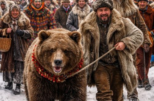 Masopustní průvod – maškary v kožichách, medvěd vedený medvědářem a tradiční masky během zimního folklorního obřadu.