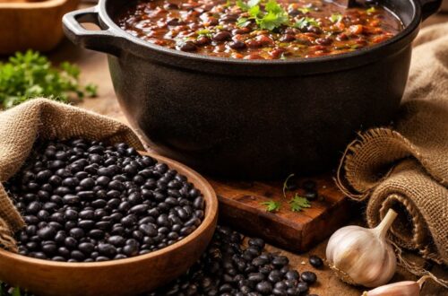 Dřevěný stůl s hromádkou černých fazolí a hrncem kouřící fazolové polévky, doplněný o bylinky a teplou domácí atmosféru.