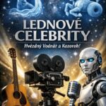 Fotorealistická koláž se zimní hvězdnou oblohou – znamení Kozoroha a Vodnáře, kolem nich kytara, filmová kamera, mikrofon a futuristický robot. Obrázek symbolizuje lednové celebrity, kreativitu, talent a technologického ducha doby