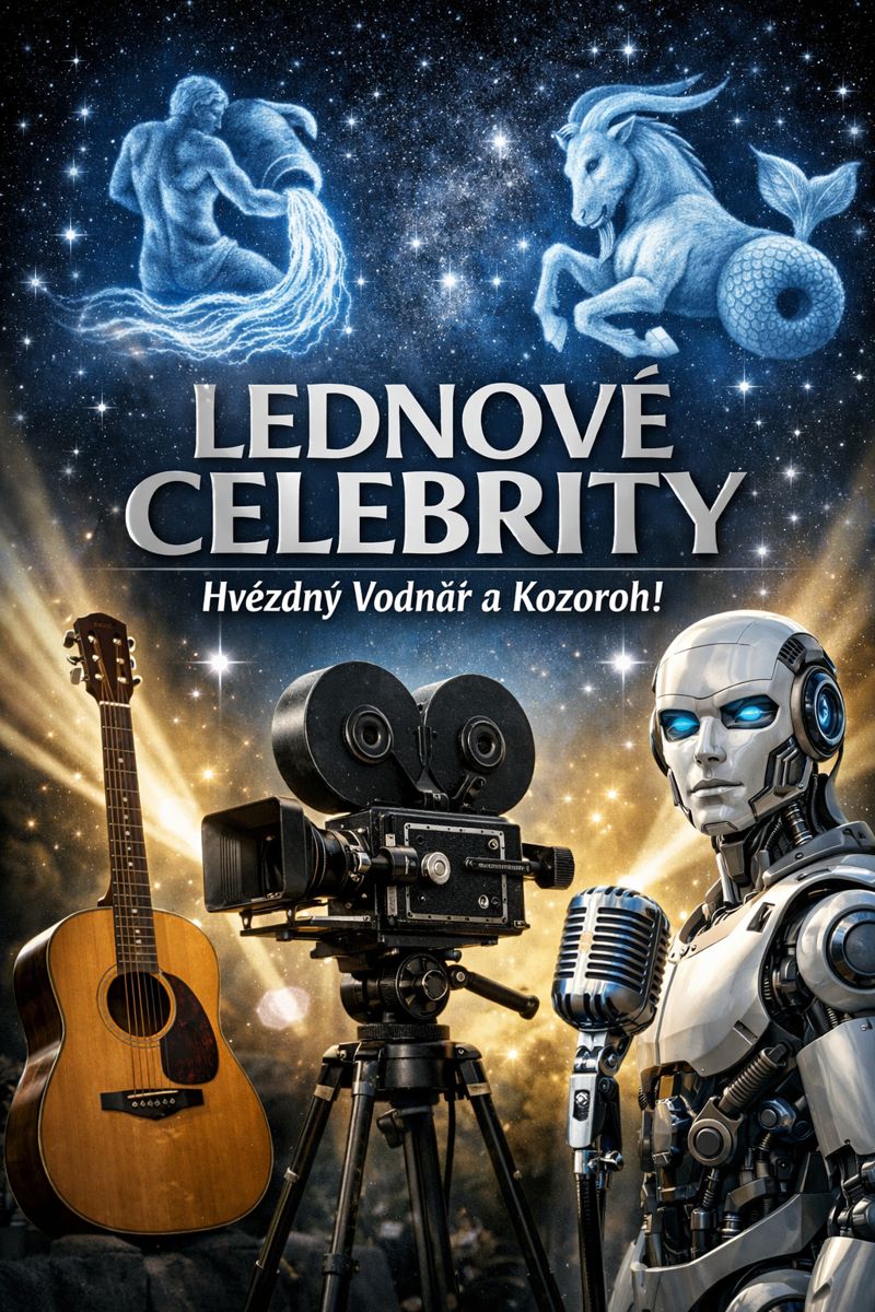 Fotorealistická koláž se zimní hvězdnou oblohou – znamení Kozoroha a Vodnáře, kolem nich kytara, filmová kamera, mikrofon a futuristický robot. Obrázek symbolizuje lednové celebrity, kreativitu, talent a technologického ducha doby