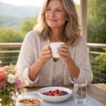 „Žena kolem 60 let si vychutnává klidné ráno s šálkem čaje na terase, obklopená zelení a zdravou snídaní. Symbol vitality, dlouhověkosti a vědomého životního stylu.“