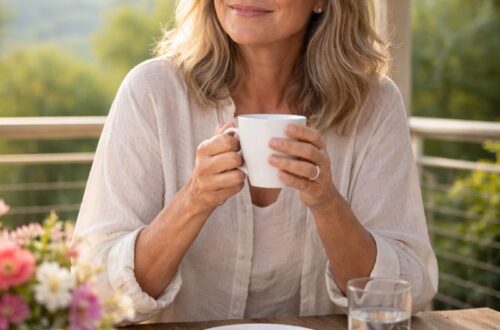 „Žena kolem 60 let si vychutnává klidné ráno s šálkem čaje na terase, obklopená zelení a zdravou snídaní. Symbol vitality, dlouhověkosti a vědomého životního stylu.“