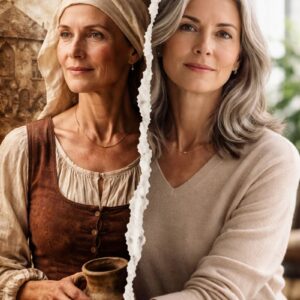 „Kontrastní obraz ženy ve středověku a současnosti – historická a moderní tvář ženy oddělené potrhanou linií času.