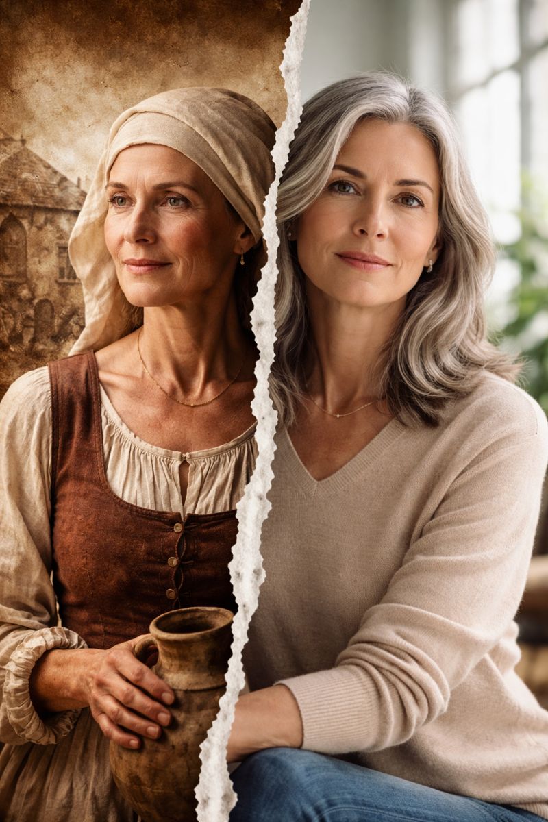 „Kontrastní obraz ženy ve středověku a současnosti – historická a moderní tvář ženy oddělené potrhanou linií času.