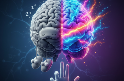 Ilustrace lidského mozku rozděleného na dvě poloviny: levá strana je šedá, spí v bačkorách a má masku na spaní, pravá strana je barevná, svítí neonovými barvami a prská elektrické jiskry jako symbol aktivace nedominantní rukou.