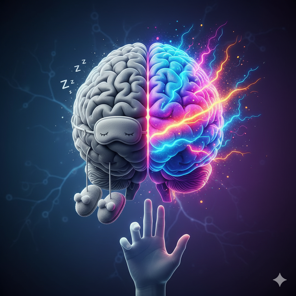 Ilustrace lidského mozku rozděleného na dvě poloviny: levá strana je šedá, spí v bačkorách a má masku na spaní, pravá strana je barevná, svítí neonovými barvami a prská elektrické jiskry jako symbol aktivace nedominantní rukou.