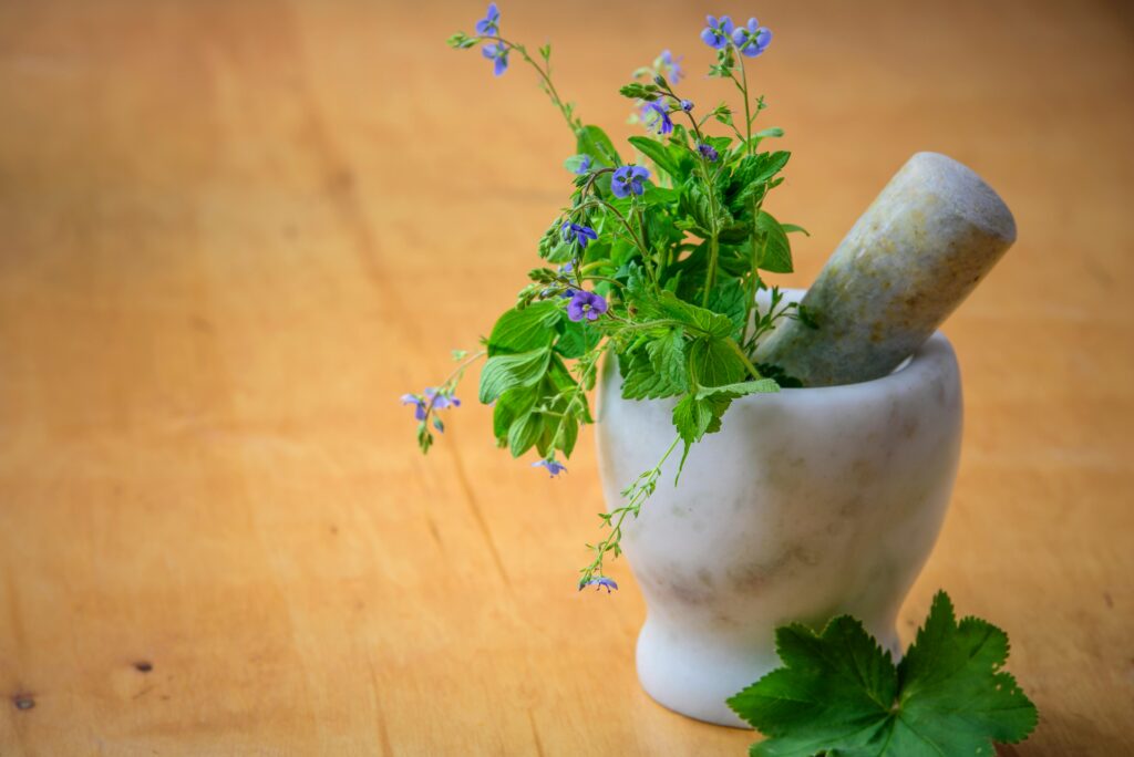 Tyhle bylinky nejen zklidní trávení, ale dodají i krásnou chuť – a tělo ti poděkuje. Marble mortar and pestle with fresh herbs and flowers on wooden table enhancing natural health and cooking aesthetics.