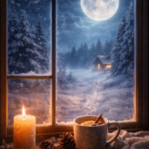 Zimní úplněk v lednu – měsíc nad zasněženou krajinou, teplý čaj s pomerančem u okna, svíčka a pocit domova a vnitřního ticha.