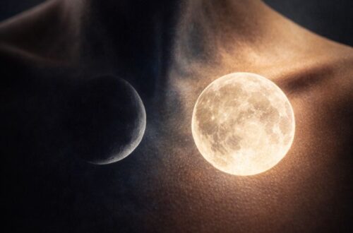 Detail ženského krku a klíční kosti jako krajina, na kůži se promítá novoluní a úplněk – symbol vnitřního rytmu těla