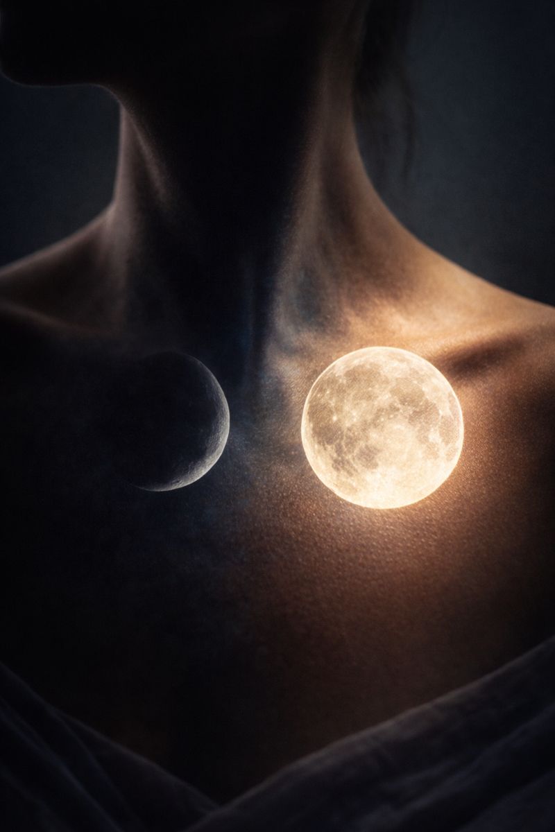 Detail ženského krku a klíční kosti jako krajina, na kůži se promítá novoluní a úplněk – symbol vnitřního rytmu těla