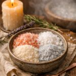 Čtyři druhy solí v keramické misce – himalájská, mořská, epsomská a draselná – se svíčkou, levandulí a teplým rituálním světlem v magickém cozy stylu.