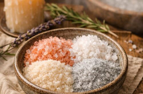 Čtyři druhy solí v keramické misce – himalájská, mořská, epsomská a draselná – se svíčkou, levandulí a teplým rituálním světlem v magickém cozy stylu.