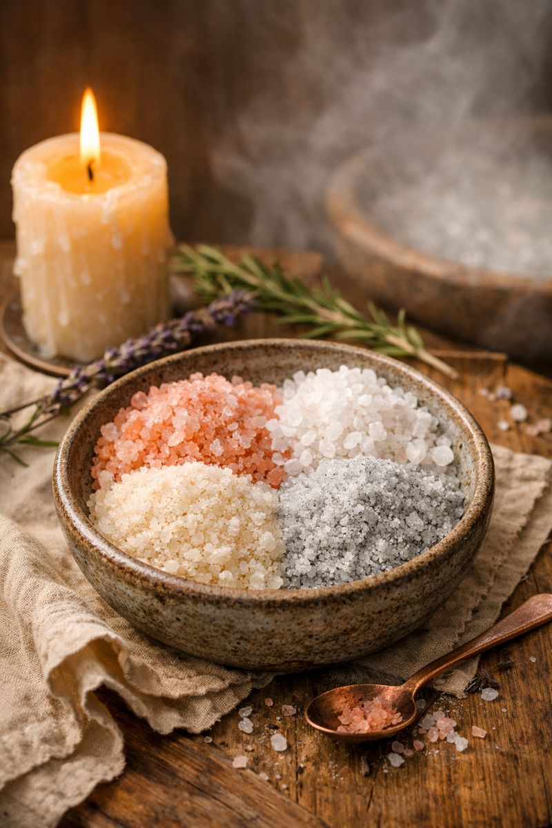 Čtyři druhy solí v keramické misce – himalájská, mořská, epsomská a draselná – se svíčkou, levandulí a teplým rituálním světlem v magickém cozy stylu.