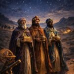 Fotorealistická scéna tří mudrců z východu v pouštní krajině pod hvězdnou noční oblohou. Persko-arabští učenci – astrologové a astronomové – nesou dary zlato, kadidlo a myrhu. Baltazar je zobrazen jako muž tmavé pleti. V popředí leží astroláb a dalekohled, symbol jejich znalostí hvězd