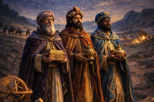 Fotorealistická scéna tří mudrců z východu v pouštní krajině pod hvězdnou noční oblohou. Persko-arabští učenci – astrologové a astronomové – nesou dary zlato, kadidlo a myrhu. Baltazar je zobrazen jako muž tmavé pleti. V popředí leží astroláb a dalekohled, symbol jejich znalostí hvězd