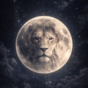 Noční obloha s velkým úplňkem ve Lvu – ve světle Měsíce se jemně rýsuje hlava lva s hřívou.