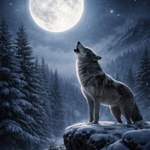 Fotorealistický zimní obraz – osamělý vlk vyjící na sněhem pokrytém skalním výběžku pod jasným úplňkem na noční obloze plné hvězd. V pozadí zasněžený les a hory.