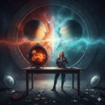 Moderní žena 50+ stojící u dřevěného stolu v mystické místnosti, před ní je kulaté zrcadlo s hořícím symbolem znamení Berana, v pozadí se střetávají planety Saturn s prstenci v ledových a ohnivých barvách.