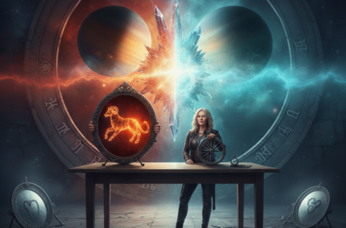 Moderní žena 50+ stojící u dřevěného stolu v mystické místnosti, před ní je kulaté zrcadlo s hořícím symbolem znamení Berana, v pozadí se střetávají planety Saturn s prstenci v ledových a ohnivých barvách.