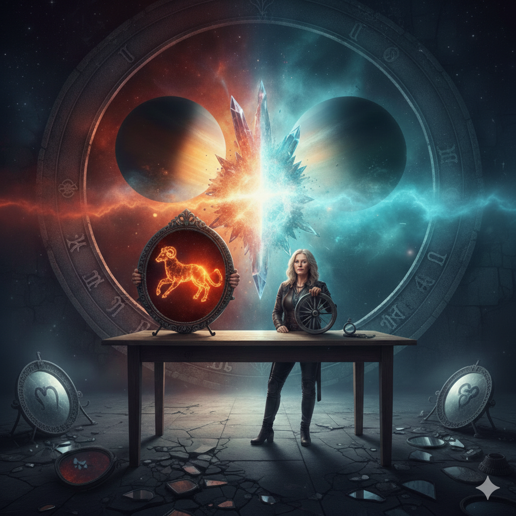 Moderní žena 50+ stojící u dřevěného stolu v mystické místnosti, před ní je kulaté zrcadlo s hořícím symbolem znamení Berana, v pozadí se střetávají planety Saturn s prstenci v ledových a ohnivých barvách.