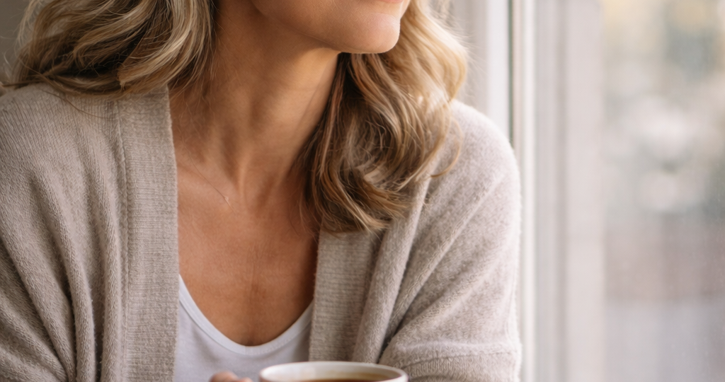 Žena 50+ sedí u okna s hrnkem kávy v ranním denním světle, bez výrazného make-upu, klidný výraz a přirozená pleť. Někdy je největší luxus klid.