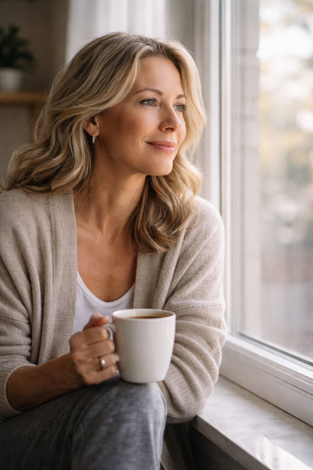 Žena 50+ sedí u okna s hrnkem kávy v ranním denním světle, bez výrazného make-upu, klidný výraz a přirozená pleť. Někdy je největší luxus klid.