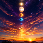 Vertikální zarovnání planet nad východním obzorem při rozbřesku 28. února 2026 – tenký srpek Měsíce, Venuše, Jupiter, Mars, Uran, Neptun, Saturn a Merkur v jednom zářícím sloupci nad oranžovo-fialovou oblohou.