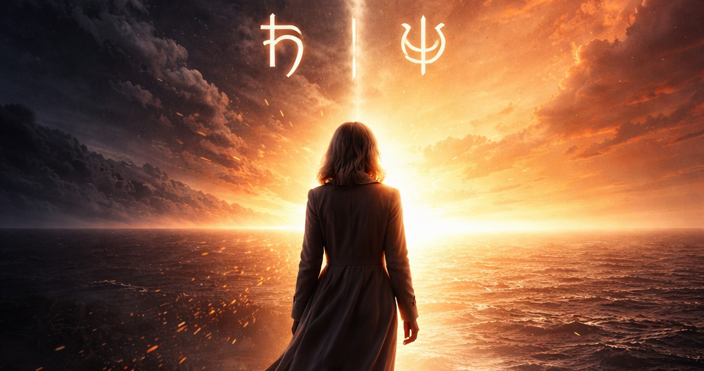 Žena 50+ stojí na hraně útesu při východu slunce, polovina oblohy ve stínu a polovina ve světle. Symboly ♄ Saturn a ♆ Neptun nad horizontem, motiv Bod nula 2026.