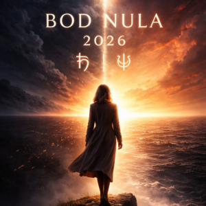 Žena 50+ stojí na hraně útesu při východu slunce, polovina oblohy ve stínu a polovina ve světle. Symboly ♄ Saturn a ♆ Neptun nad horizontem, motiv Bod nula 2026.