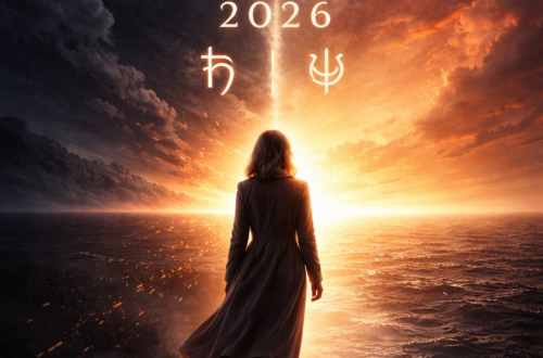 Žena 50+ stojí na hraně útesu při východu slunce, polovina oblohy ve stínu a polovina ve světle. Symboly ♄ Saturn a ♆ Neptun nad horizontem, motiv Bod nula 2026.