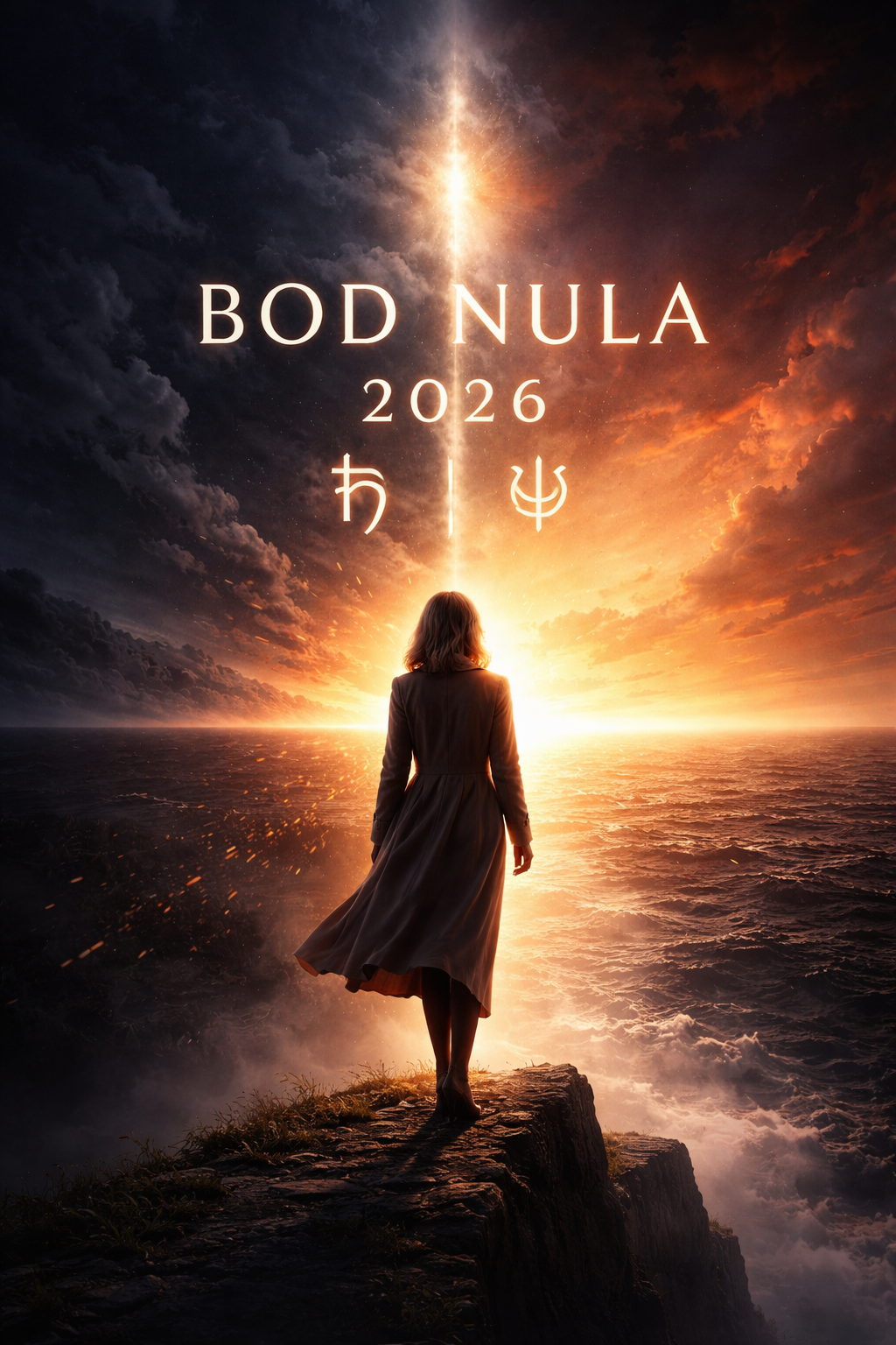 Žena 50+ stojí na hraně útesu při východu slunce, polovina oblohy ve stínu a polovina ve světle. Symboly ♄ Saturn a ♆ Neptun nad horizontem, motiv Bod nula 2026.