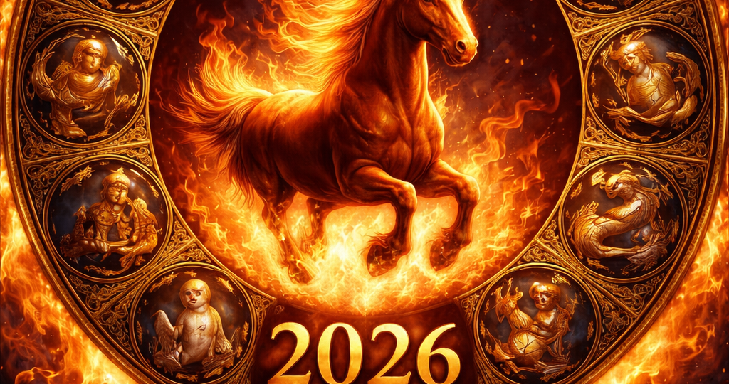Ohnivý kůň uprostřed kruhu čínského horoskopu, kolem něj všech dvanáct znamení zvěrokruhu v zlatém reliéfu, výrazné číslo 2026 dole, fotorealistické zpracování v dramatických plamenech.