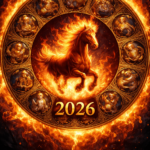 Ohnivý kůň uprostřed kruhu čínského horoskopu, kolem něj všech dvanáct znamení zvěrokruhu v zlatém reliéfu, výrazné číslo 2026 dole, fotorealistické zpracování v dramatických plamenech.