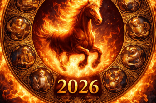 Ohnivý kůň uprostřed kruhu čínského horoskopu, kolem něj všech dvanáct znamení zvěrokruhu v zlatém reliéfu, výrazné číslo 2026 dole, fotorealistické zpracování v dramatických plamenech.