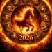Ohnivý kůň uprostřed kruhu čínského horoskopu, kolem něj všech dvanáct znamení zvěrokruhu v zlatém reliéfu, výrazné číslo 2026 dole, fotorealistické zpracování v dramatických plamenech.