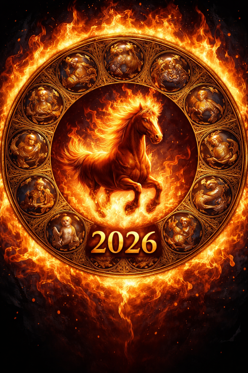Ohnivý kůň uprostřed kruhu čínského horoskopu, kolem něj všech dvanáct znamení zvěrokruhu v zlatém reliéfu, výrazné číslo 2026 dole, fotorealistické zpracování v dramatických plamenech.