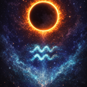 Prstencové zatmění Slunce na temné hvězdné obloze, zlatý ohnivý kruh kolem černého středu, pod ním světelný symbol Vodnáře v tyrkysové energii a mlhovinové struktury v modrofialových tónech.