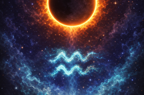 Prstencové zatmění Slunce na temné hvězdné obloze, zlatý ohnivý kruh kolem černého středu, pod ním světelný symbol Vodnáře v tyrkysové energii a mlhovinové struktury v modrofialových tónech.