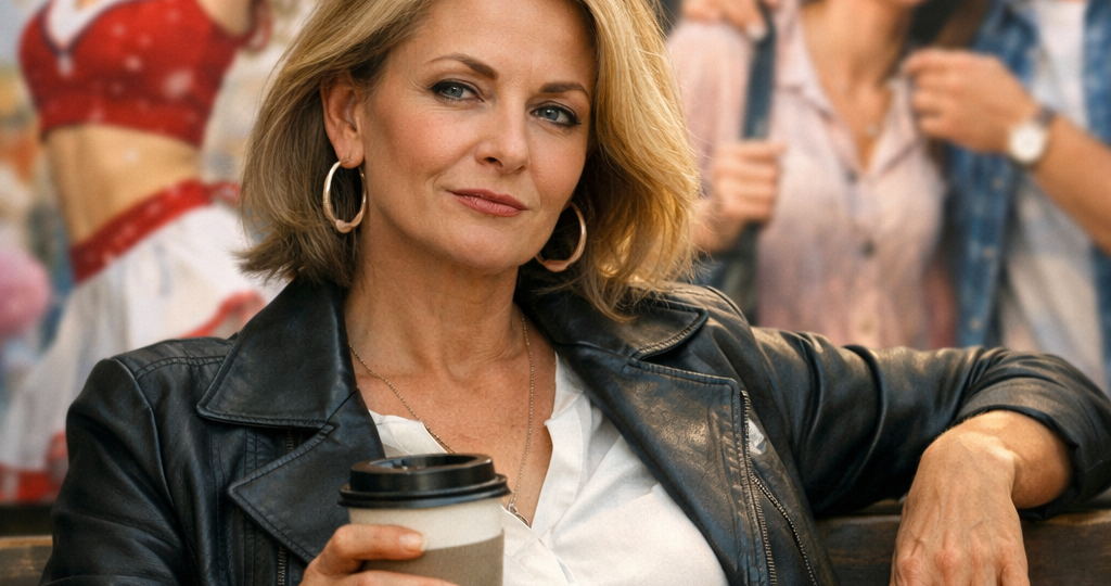 Sebevědomá žena 50+ sedí s kávou, klidně pozoruje svět a ignoruje hlučnou reklamu kolem sebe.