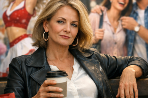 Sebevědomá žena 50+ sedí s kávou, klidně pozoruje svět a ignoruje hlučnou reklamu kolem sebe.