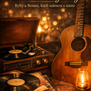 Retro hudební scéna se starým gramofonem, vinylovými deskami a akustickou kytarou v teplém světle svíčky, s nápisem „Březnové legendy – Ryby a Berani, kteří stárnou s námi“.