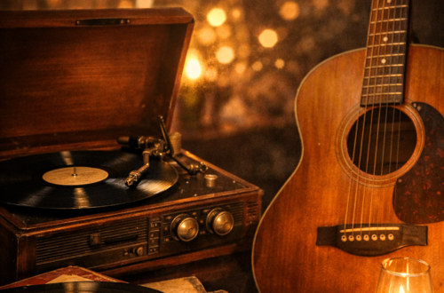 Retro hudební scéna se starým gramofonem, vinylovými deskami a akustickou kytarou v teplém světle svíčky, s nápisem „Březnové legendy – Ryby a Berani, kteří stárnou s námi“.