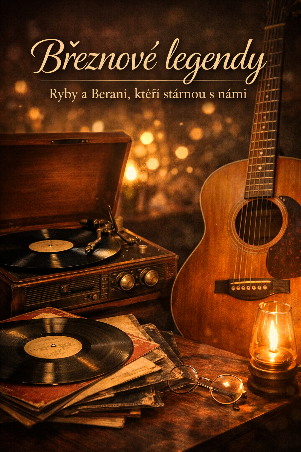 Retro hudební scéna se starým gramofonem, vinylovými deskami a akustickou kytarou v teplém světle svíčky, s nápisem „Březnové legendy – Ryby a Berani, kteří stárnou s námi“.