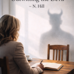 Žena 50+ píše u dřevěného stolu v denním světle, na zdi za ní stín s náznakem ďábla. Motiv knihy Outwitting the Devil od Napoleona Hilla.