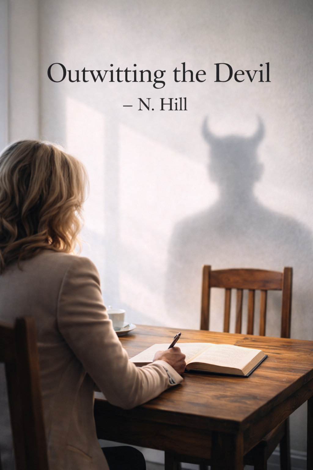 Žena 50+ píše u dřevěného stolu v denním světle, na zdi za ní stín s náznakem ďábla. Motiv knihy Outwitting the Devil od Napoleona Hilla.